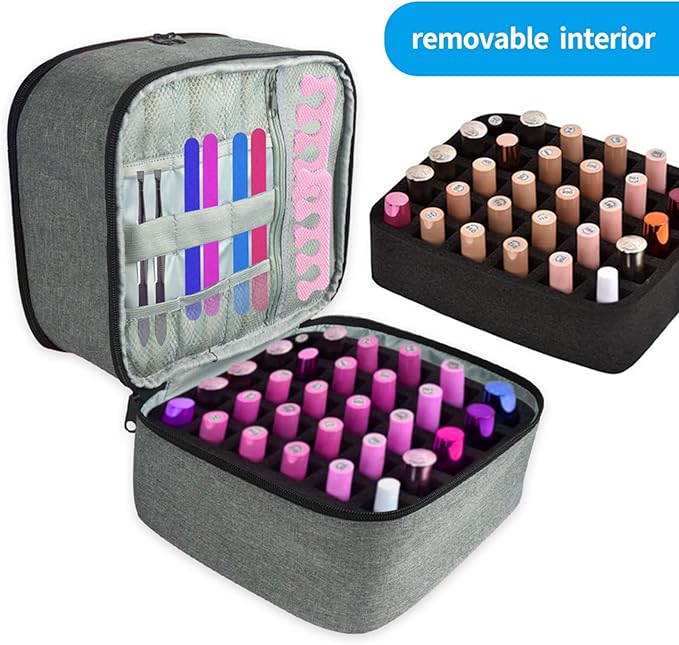 Meichoon Carrying Case Organizer 2 Layers Storage Holder Case with Adjustable Bottle Compartment 30 Bottles of Gel lamp and Manicure Tools Large Makeup Bag Travel with Removable Divider Gray