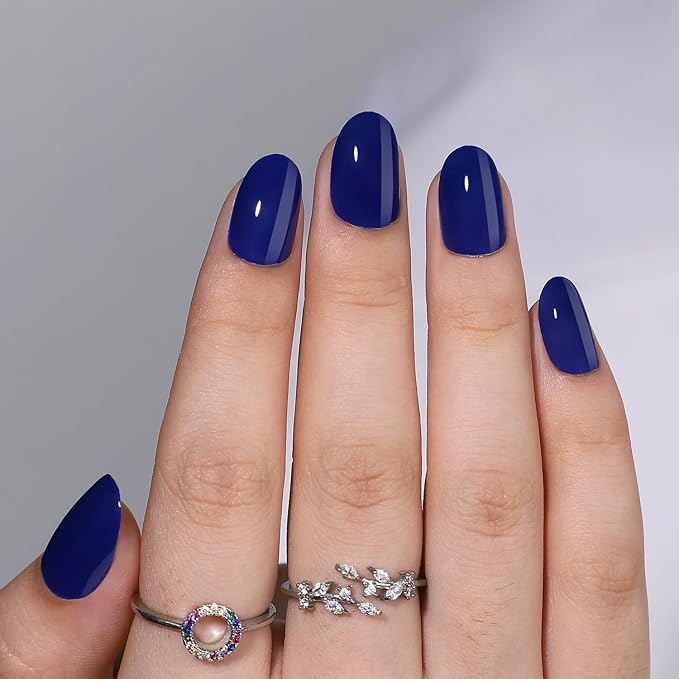 Short Almond Press on Nails Blue Glossy Fake Nails with Chrome Designs Glue on Nails Thickened Salon Quality False Nails Full Cover Stick on Nails Acrylic Nails for Women Nails Manicure Decor 32 Pcs