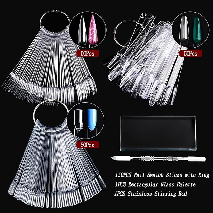 150pcs Nail Swatch Sticks with Ring, Clear Fan-shaped Nails Color Swatches with Palette Spatula Tool for Nail Polish Display Practice Nails Techs Must Haves Nail Supplies
