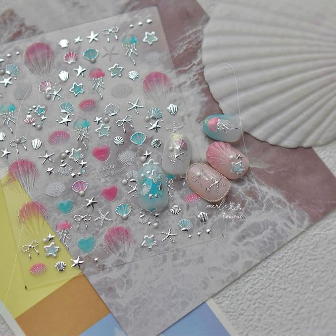 Gold Silver Nail Stickers Ocean Shell Nail Art Decals Star Nail Art Stickers Summer Beach 5D Embossed Self Adhesive Nails Supply for Women Girls Kid Manicure AIY Decoration 2Pcs