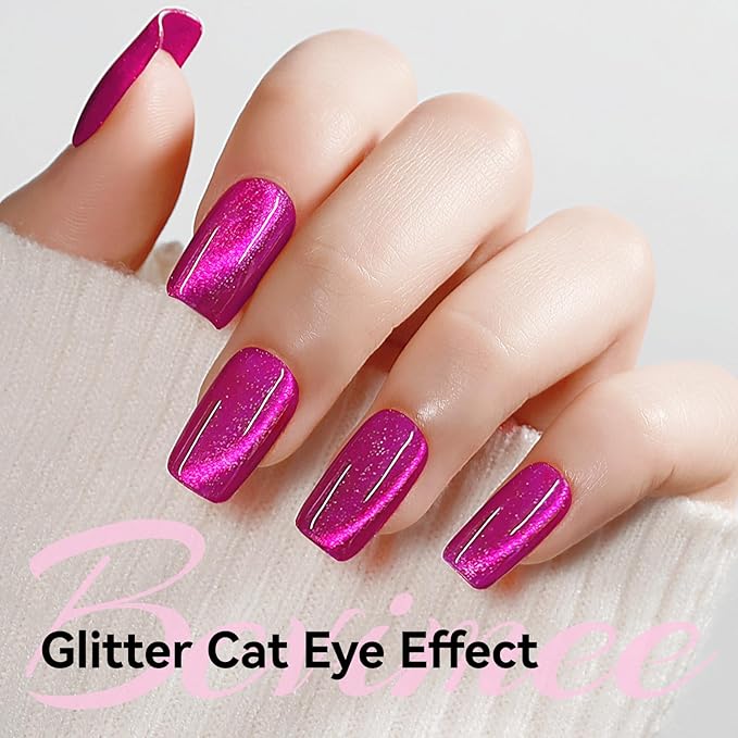 Cat Eye Gel Nail Polish Pink, Magnetic Cateye Gel Polish Hot Pink Glitter Holographic With Magnet for Nail Salon DIY at Home Valentine's Day Gift