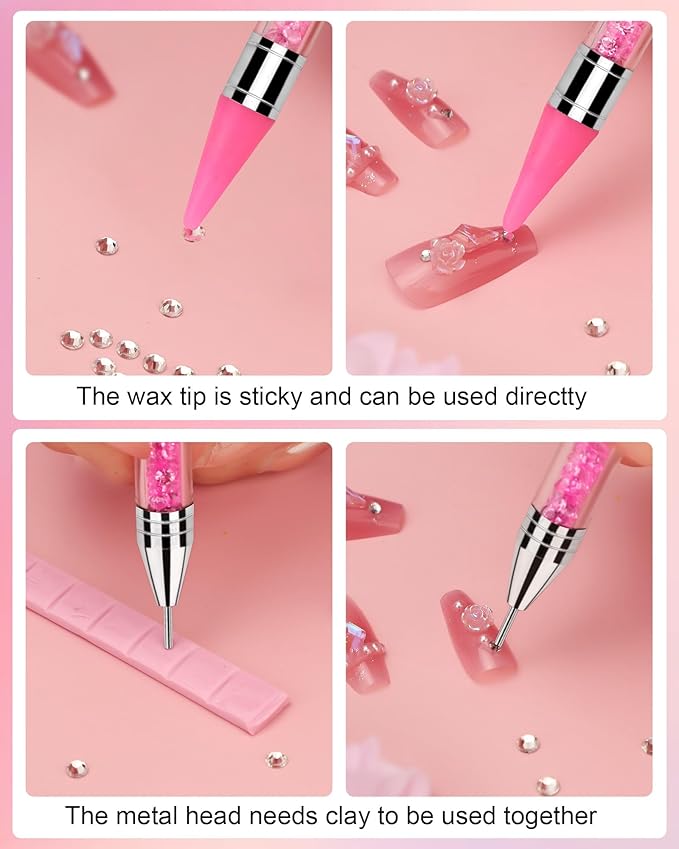 Rhinestone Picker Tool, Wax Pencil for Rhinestones Tool, Dual-ended Nail Bedazzling Tools With 4 Extra Pink Replaceable Wax Head and 1 Tweezer (Pink B)