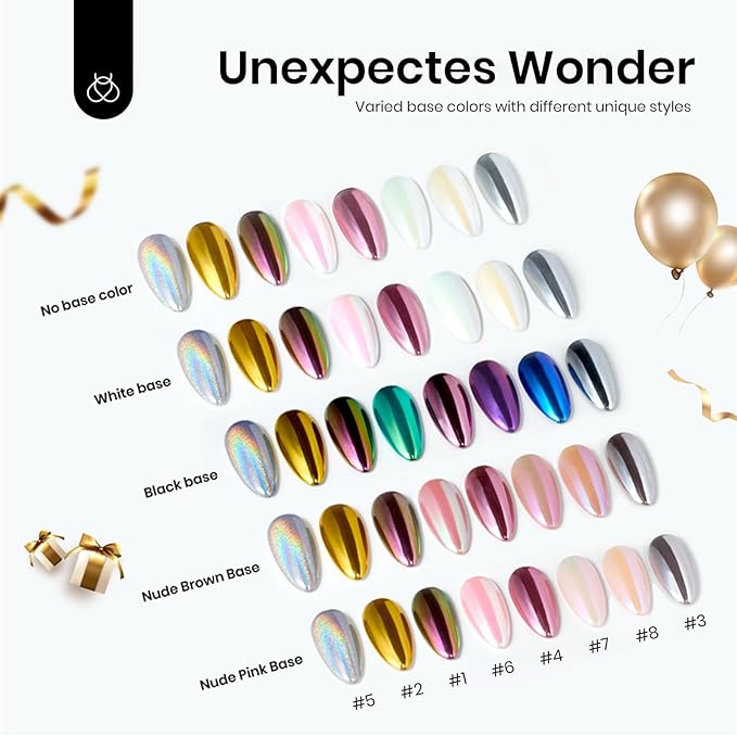 Beetles Chrome Nail Powder Gold Silver Mirror Effect 8 Colors Holographic Aurora Iridescent Pearlescent Manicure Nail Art Decoration Glitter Cromer Nail Powder for Nails 1g/Jar Gift for Women