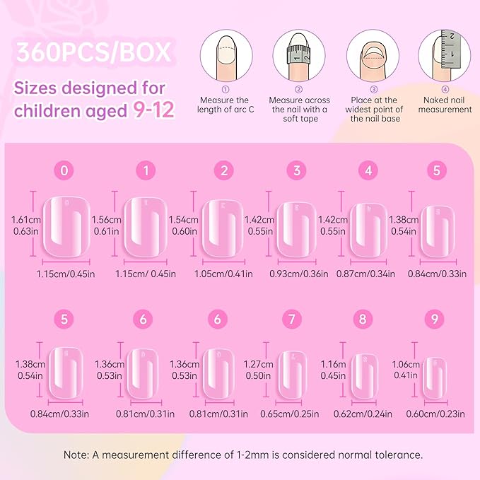 Ranrose 360Pcs Kids Press on Nails for Girls 9-12 years old - Pre-Shaped Clear Suqare Kid Nail Tips,Full Cover Soft Gel Fake Nail for Kids Nail Extensions,Birthday Family Activities,Parties