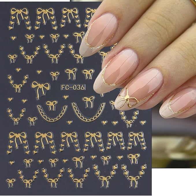 6Sheets Bow Nail Art Stickers Decals 3D Self Adhesive Cute Nail Decals Gold Silver Red Heart Bow Nail Supplies Design Valentines Nail Stickers French Tip Nail Decorations for Women DIY Manicure