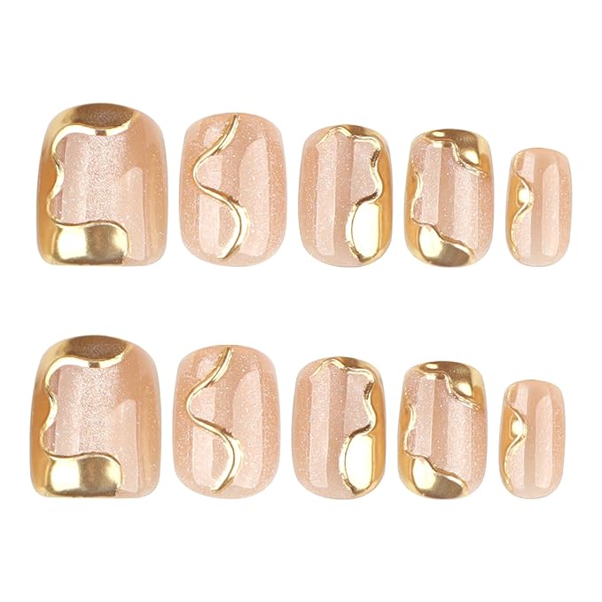 Nude Cat Eye Press on Nails Short Square, Irregular Chrome Gold Line Glitter Acrylic Fake Nails, Salon Quality Reusable Magnetic Press Ons, Daily Wear Nail Kit Gift for Women Girls
