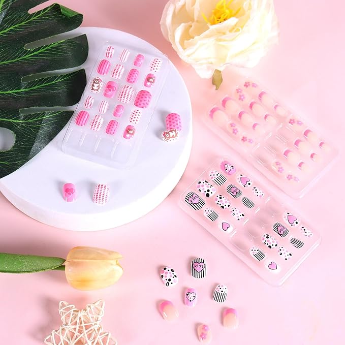 Laza 72pcs Children Nails Press On Pre-glue Full Cover Pink Heart Blue Short False Nail Kits for Kids Teenager Girls - Cute Bear
