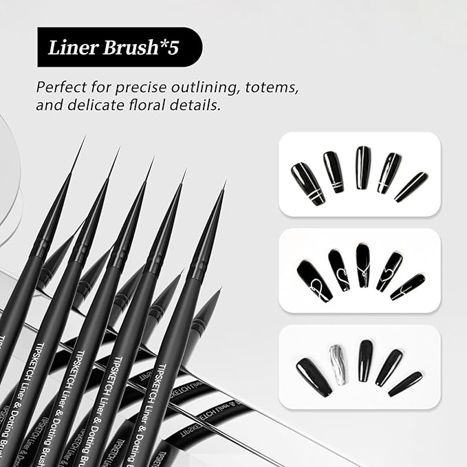 Nail Art Liner Brushes 5Pcs with Caps & Bag,Double‑Ended Thin Liner & Dotting Pen Set(4/8/12/15/20mm) for Long Lines,Fine Details,Gel Polish & Nail Painting