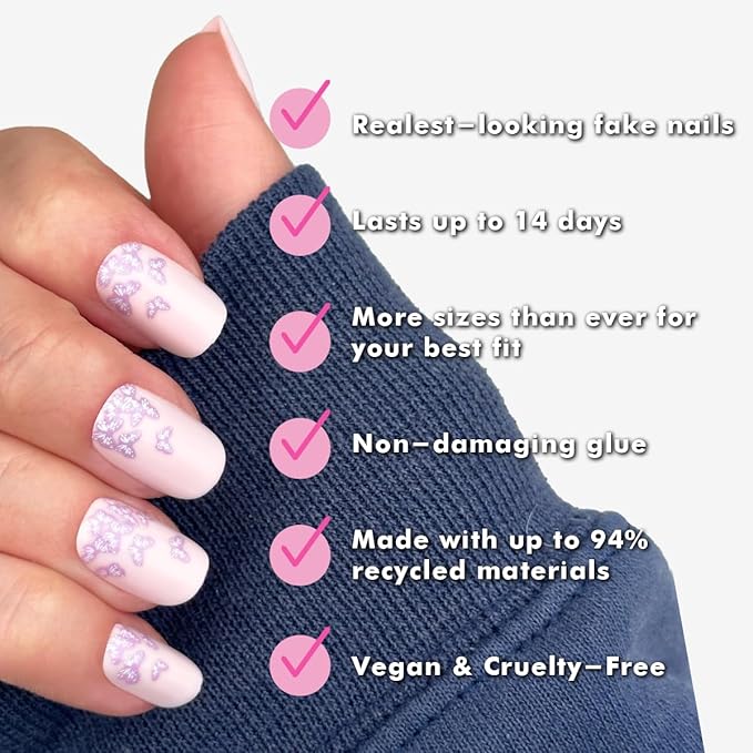 Olive & June Instant Mani Press-On Nails (Glue) | 42 Fake Nails, 21 Sizes | Non-Toxic, Long-Lasting Recycled Materials Realistic Look | Spring Flowers & Patterns | Short, Squoval | Butterfly Ombre