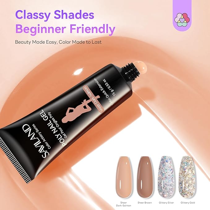 SAVILAND Poly Gel Nail Colors: Easy Poly gel Nail Kit Starter Kit with Slip Solution Mini U V/LED Lamp, Sheer & Sparkle 4 Nourishing Poly Gel Colors for Lasting Shine 28 Days Home DIY Manicure Tools