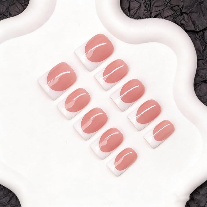 Handmade Press on Nails Solid Color Fake Nails Short Square White French Tip False Nail with Designs Muti-Layer Gel Thicked Acrylic Nails Full Cover Salon Quality Stick on Nail Kit for Women (M)