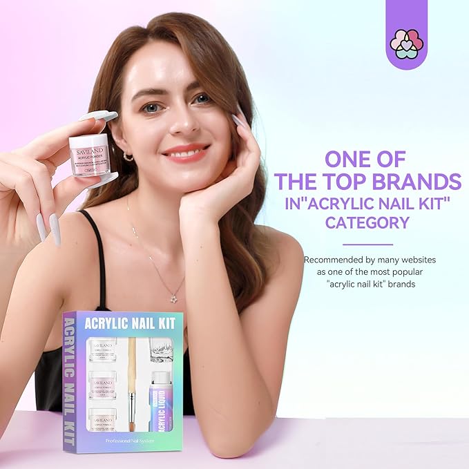 SAVILAND Acrylic Nail Kit for Beginners: Clear Nudes Pink Acrylic Powder and Liquid Set with #12 Acrylic Nail Brush Cuticle Oil Pen Forms Tools Extension Nail Kit with Everything Home DIY
