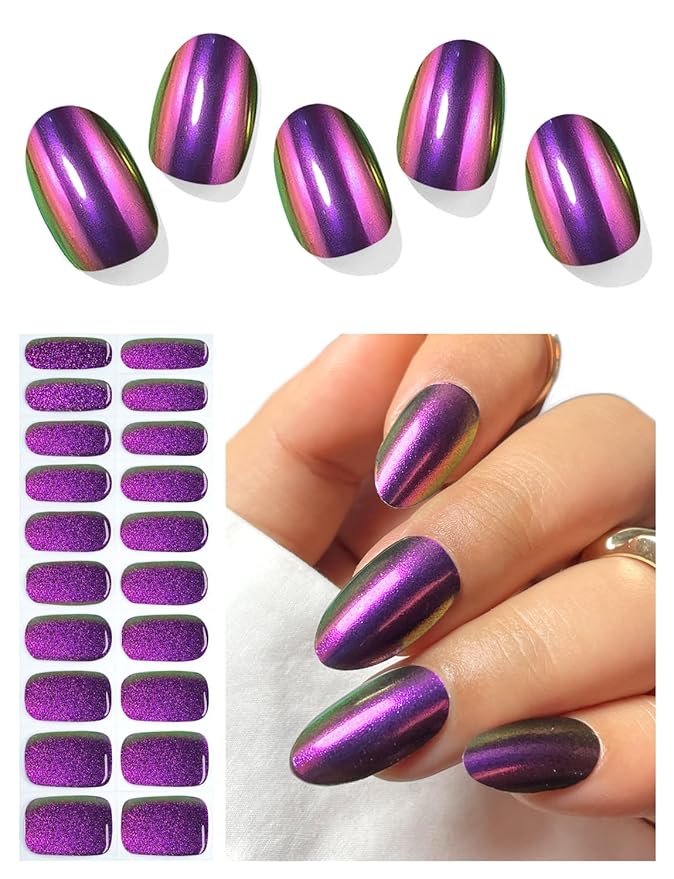 Semi Cured Gel Nail Strips (Mirror Purple), Chameleon, 20 Pcs Gel Nail Wraps, Stickers, Salon Quality, Long Lasting, Works with Any UV Lamps
