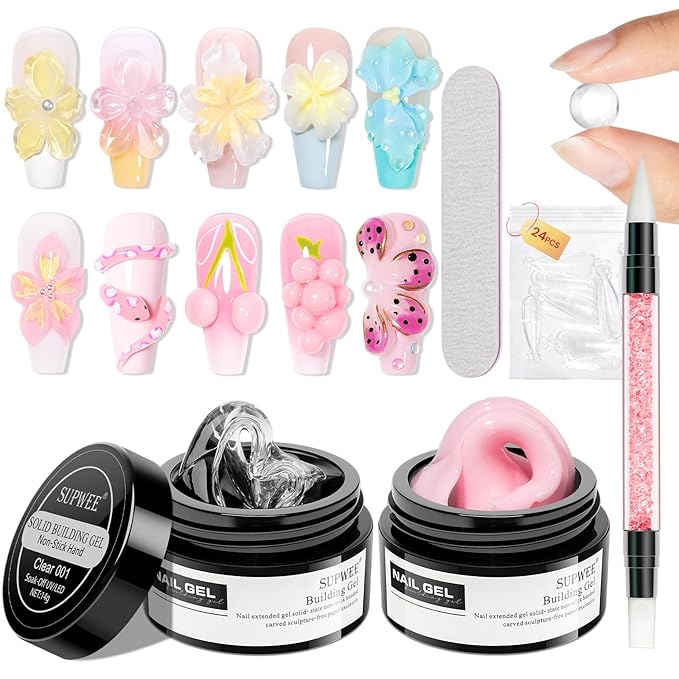 Solid Builder Gel for Nail Extension Clear Pink Non-Stick Hand Sculpture Hard Gel with Dual Form Flower Effect for Home DIY Manicure Set Lamp Cure Require 2 Colors 14g(0.49oz)