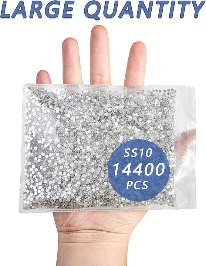 Beadsland Flatback Rhinestones Bulk,14400pcs White Rhinestones for Nails Crafts Clothes DIY Decoration, Crystal, SS10, 2.7-2.9mm