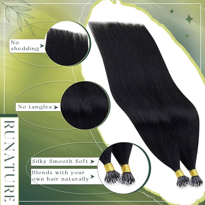 RUNATURE Nano Bead Hair Extensions Human Hair 22 Inch Nano Ring Hair Extensions Black Breathable Nano Hair Extension Human Hair Full Ends for Women 50g 50s