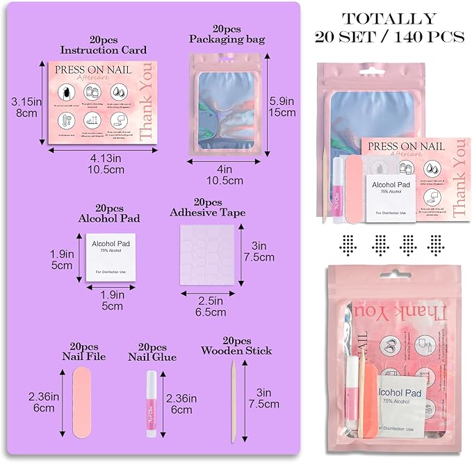 Disposable Nail Supplies Kits,Professional Manicure Press On Nail Tool Kit with Nail File,Adhesive Tabs,Nail Glue,Sticks, Prep Pads,Bags,Cards for Nail Business (140pcs20set-pink)