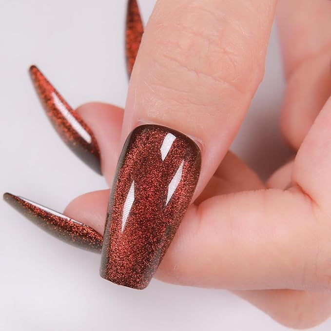 Press On Nails - Dark Maroon | Dark Red Glitter Velvet, Medium Coffin Squared With Cat Eye Design for Women and Girls, 24 Pcs Reusable Red Fake Nails