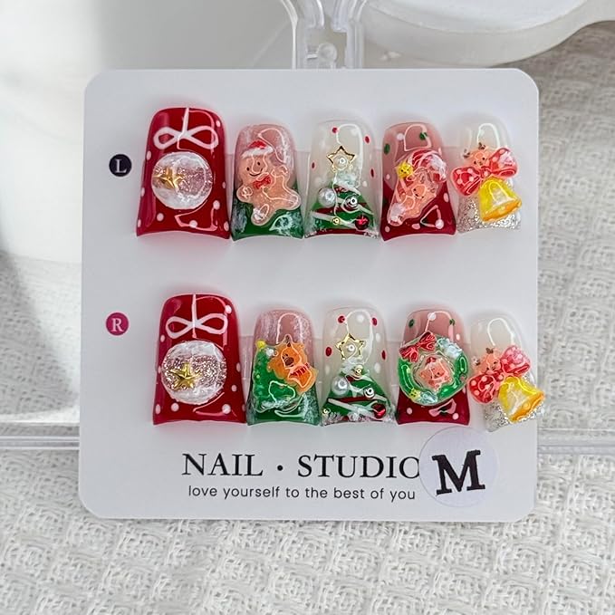Handmade Press on Nails Short Duck Christmas Gingerbread Man Fake Nails Christmas Tree Bells Rhinestones Full Cover Glitter Cute Winter Stick on Nails Xmas Glue on Nail for Acrylic DIY (Size S)