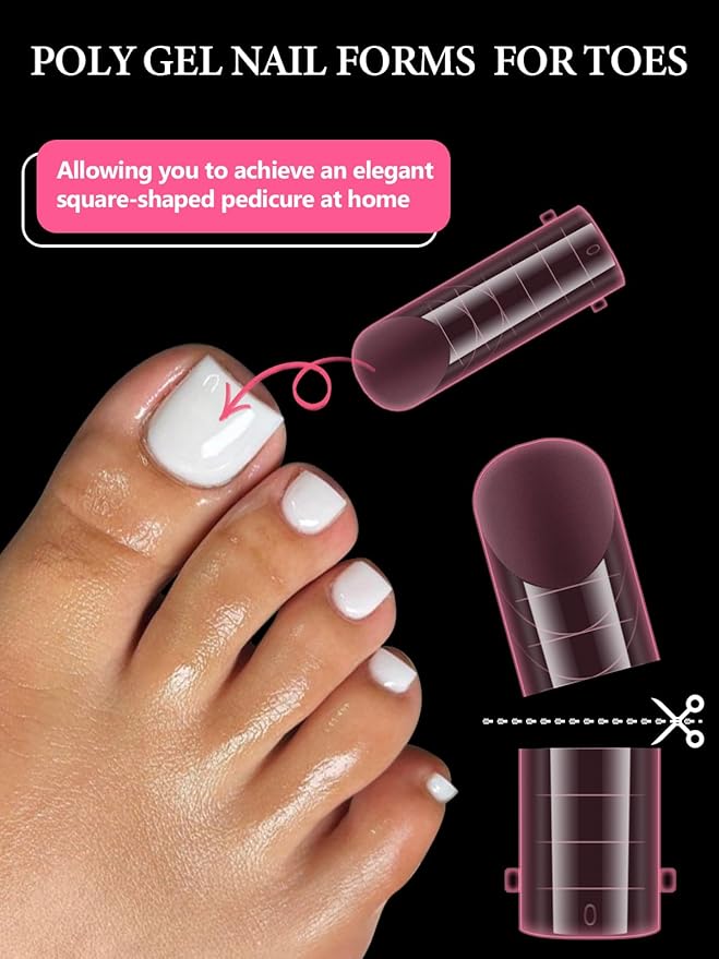 EBANKU Poly Gel Nail Forms for Toes, Pink Long Square Dual Forms for Pedi Nail Extension Poly Gel Toenails Reusable Toe Nail Tips Mold, 120Pcs 12 Sizes