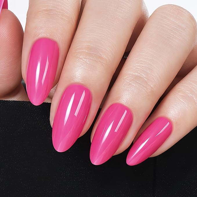 UNA GELLA Soft Gel Press on Nails - 32Pcs 16 Sizes Hot Pink Almond Fake Nails, Glossy Reusable Glue on Nails for Women, Durable Long Artificial False Nails Kit for DIY Manicure