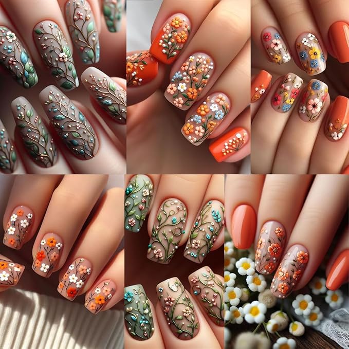 2 Sheets Spring Flower Nail Stickers Summer Embossed Flowers Nail Art Stickers Colorful Floral Leaf Nail Decals 5D Self-Adhesive Leaves Nails Supplies for Women Girls DIY Nail Accessories