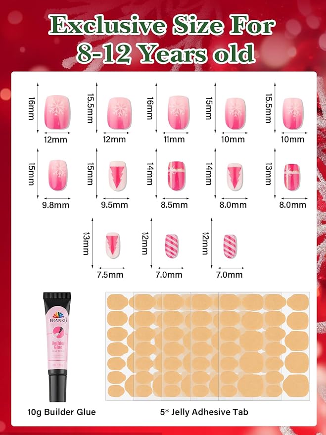 130 Pieces Christmas Press on Nails for Kids, EBANKU 5 Pack Kid Fake Nail Kit Old Christmas Cute Press on Nails for girls 8-12 Years with Jelly Nail Adhesives & Nail Builder Glue