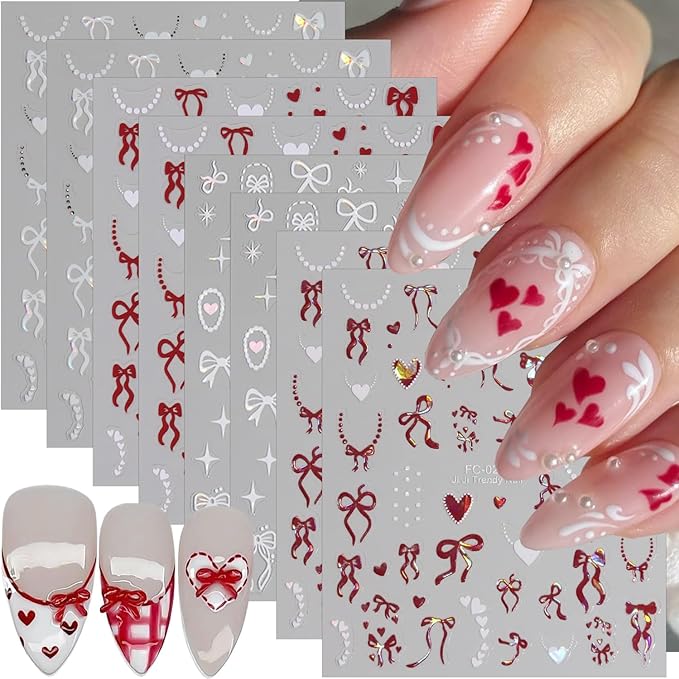 8 Sheets Valentines Day Nail Stickers for Nail Art Self-Adhesive Cute Bow Nail Art Stickers 3D Laser Bowknot Heart Star Nails Decals Red White Design French Tip Manicure Decorations Supplies for Women