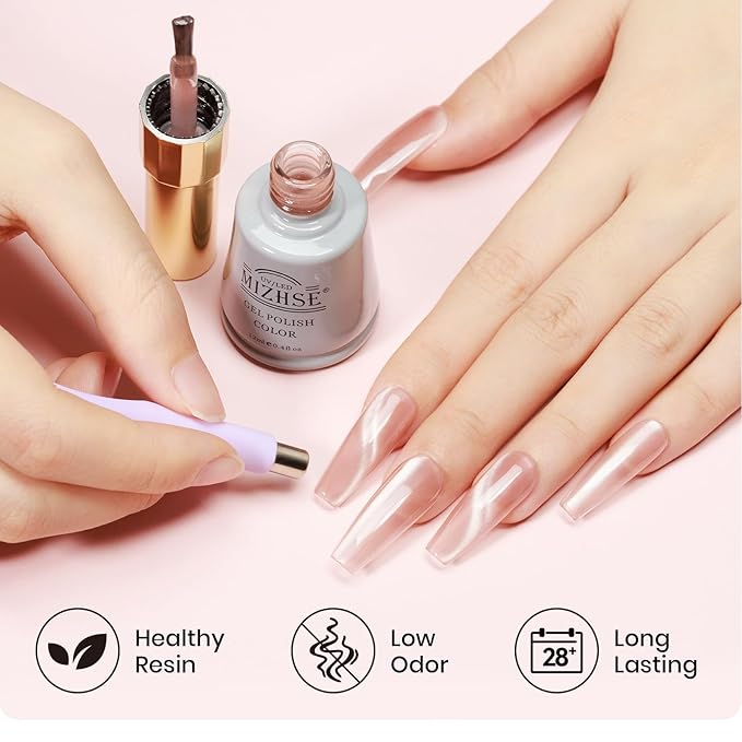 MIZHSE Pink Cat Eye Gel Nail Polish, 12mL, Glossy Finish, Cat Eye Effect with Magnet, Non-Toxic, Salon Quality, DIY Home Manicure