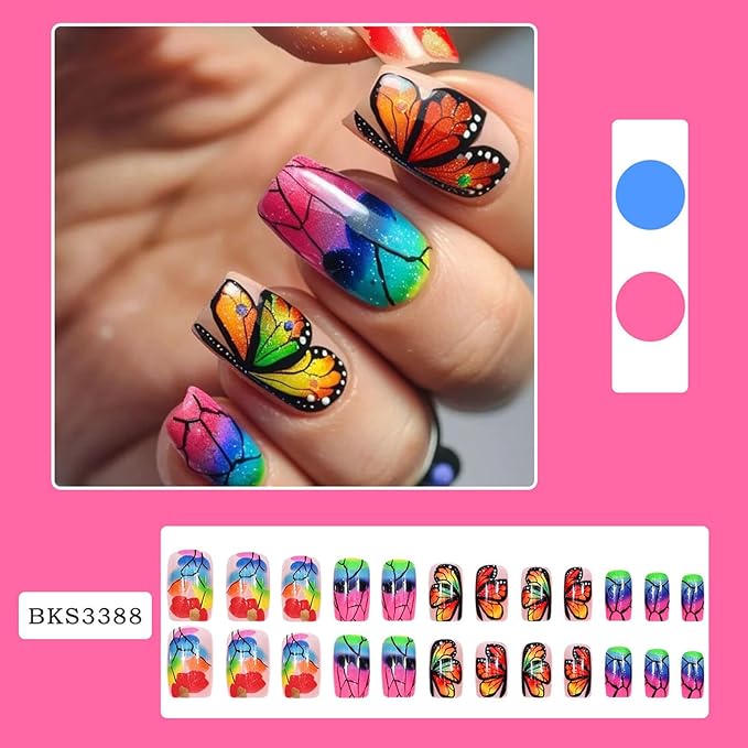 Square Press on Nails Medium Fake Nails with Designs Butterfly Stick on Nail Colorful Acrylic False Nail Glossy Artificial Nail Full Cover Glue on Nails for Women