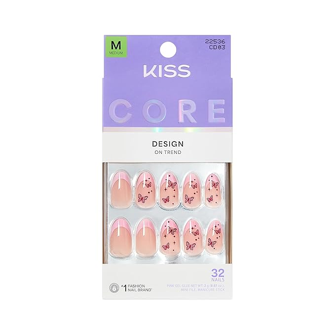 KISS CORE, Press On Nails, Nail glue included, 'Signature', Pink, Medium Size, Almond Shape, Includes 32 Nails, 2g Glue, 1 Manicure Stick, 1 Mini File
