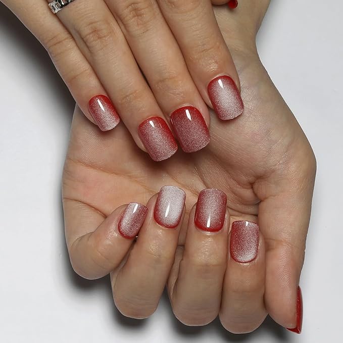 Cat Eye Press On Nails Short Square, Red Fake Nails with Dewy Gloss Red and White Gradient Effect, Glossy Gel Finish Acrylic Nails Press Ons Short,Natural Reusable Glue On Nails For Women, Jelly Rouge