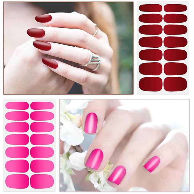 WOKOTO 12 Sheets Red Pink Gradient Nail Stickers Full Nail Wraps For Women, Solid Ombre Design Nail Gel Stickers For Nails Polish Strips With Nail File Kit, Gel Nail Strips Press On Nails Polish Wraps