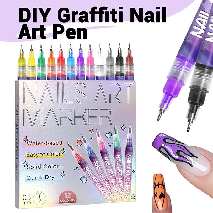 Hinourisha12pcs 3D Nail Art Pens Set, Nail Art Markers, Acrylic Nail Paint Pens Kit, Nail Polish Pen Quick-drying Waterproof for Paint Point Line Art Manicure Tools for Girls Gift