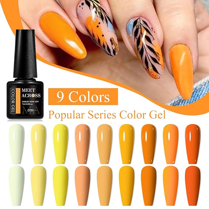 MEET ACROSS 12pcs Gel Nail Polish Set,Soak Off UV LED Lamp Gel Nail Polish Kit,Fashion Shimmer Nail Art Design Gifts for Women Manicure Salon (Yellow)