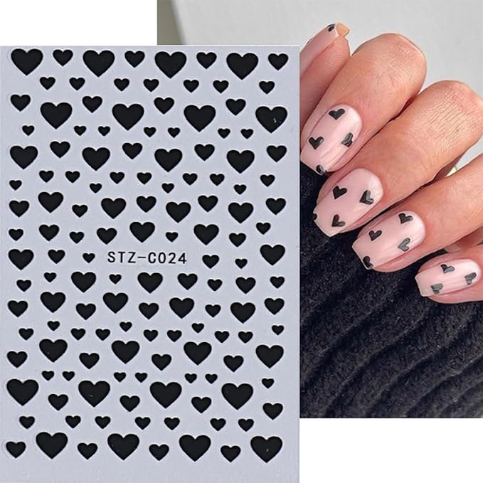 6 Sheets Valentines Nail Stickers 3D Heart Nail Art Stickers Decals Black White Red Gold Silver Heart Nails Design Nail Decals Valentines Nail Supplies for Women Acrylic Nails Decoration DIY