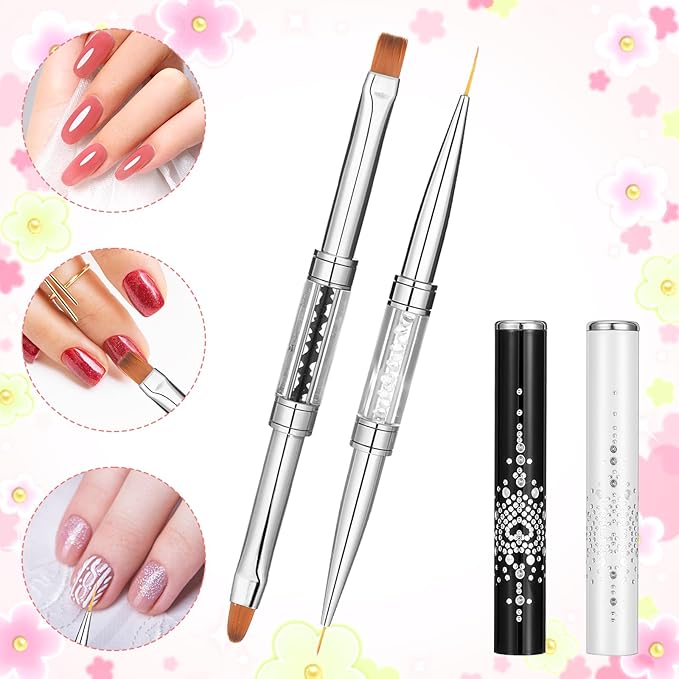 4PCS Double Ended Nail Art Brushes, Hard Gel Brush for Nails, Builder Gel Brush Oval Gels Nails Brushes with Rhinestone Handle for Design Nail