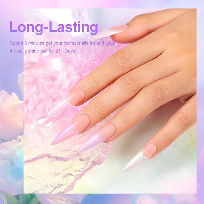 RARJSM Pearl White Gel Nail Polish Set Iridescent Mermaid Shell Glitter Gel Polish 6 Light Colors Purple Blue Pink Red Gold Shimmer Multichrome Swirl Thread Effect Soak Off Curing Requires
