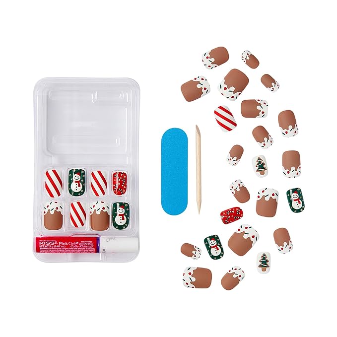 KISS Voguish Fantasy Holiday Press On Nails, ‘Snow Pops’, Multicolor, Short Squoval, No Damage To Natural Nails, Pink Gel Nail Glue (2g), Mini Nail File, Manicure Stick, & 28 Fake Nails