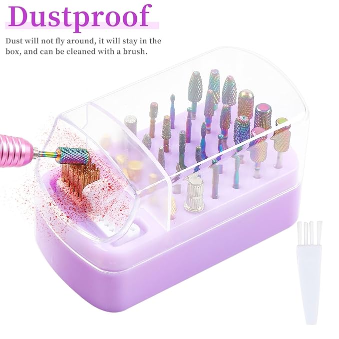 2 in 1 Nail Drill Bits Holder & Nail Drill Bits Cleaning Brush Case 30 Holes (Purple)