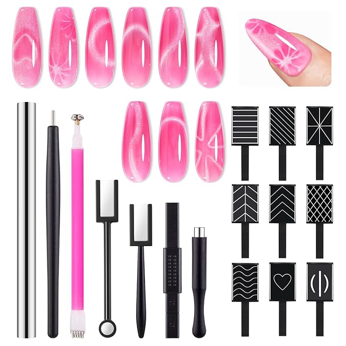 MelodySusie Nail Magnet Set, 16PCS Cat Eye Gel Nail Polish Magnets, Round Square Double Ended Magnet Stick, Cat Eye Magnet for Nails, Strong Magnetic Nail Polish Magnets Nail Design Tools