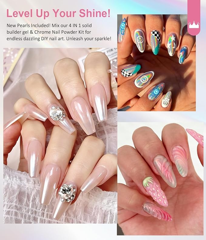 Solid Builder Gel for Nails BISHENGYF: Clear Non-Sticky Hand 3D Sculpting Modeling Carving Hard Gel with Mermaid Holographic Laser Pearl White Pink for Manicure Salon UV Home DIY