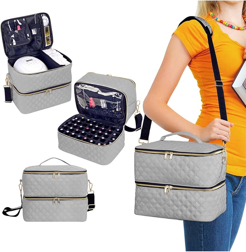 Nail Polish Organizer Case Holds 40 Bottles(15ml/0.5fl.oz) and Nail Lamp, Double Layer Nail Polish Storage with Adjustable Dividers,Portable Carrying Bag for Nail Kit, Manicure Tools Grey