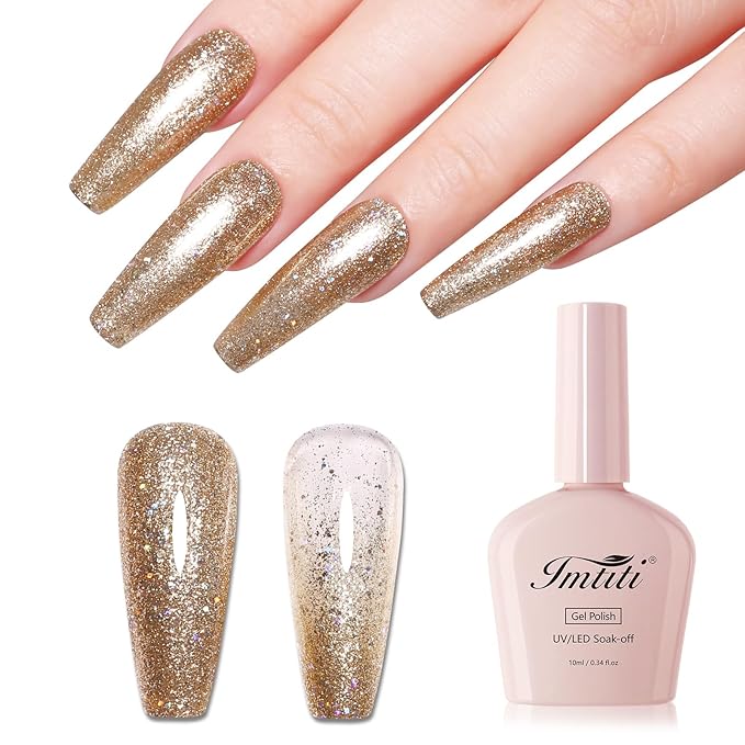 Imtiti 10ml Gold Glitter Gel Nail Polish Long Lasting Soak Off UV Led Christmas Gold Gel Polish Salon DIY at Home Gift for Women 1Pcs