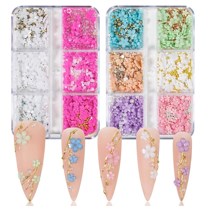 3D Flower Nail Charms - Colorful Flatback Rhinestones in White, Pink, Green, Blue. Acrylic Flowers with Golden Beads & Pearls - DIY Nail Art Supplies