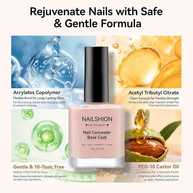 4-in-1 Illuminating Nail Concealer Base Coat Foundation Ridge Filler Sheer Brightening Nail Polish Growth & Strengthener for Damaged, Yellowing, or Discolored Nails, 15-free, Air Dry