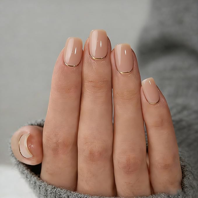 Press On Nails Short Coffin- Gold End Foil Press On Nails With Glue For Women, Soft Gel Glue On Nails in 12 Sizes - 24 Stick On Nails Kit