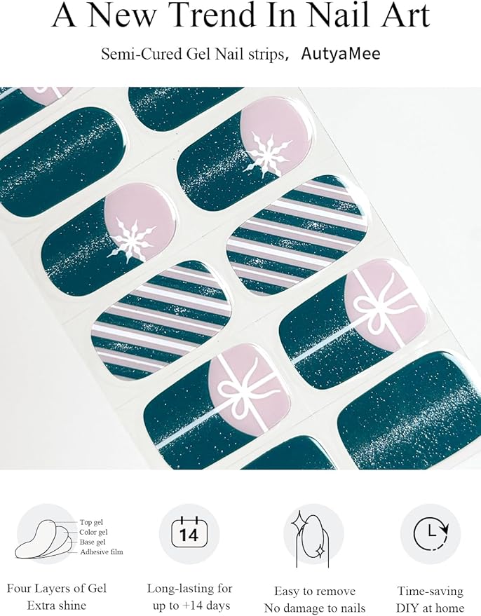Semi Cured Gel Nail Strips (Green Cat Eye), Christmas Snowflake, Bow, 20 Pcs Gel Nail Wraps, Stickers, Long Lasting, Works with Any UV Lamps