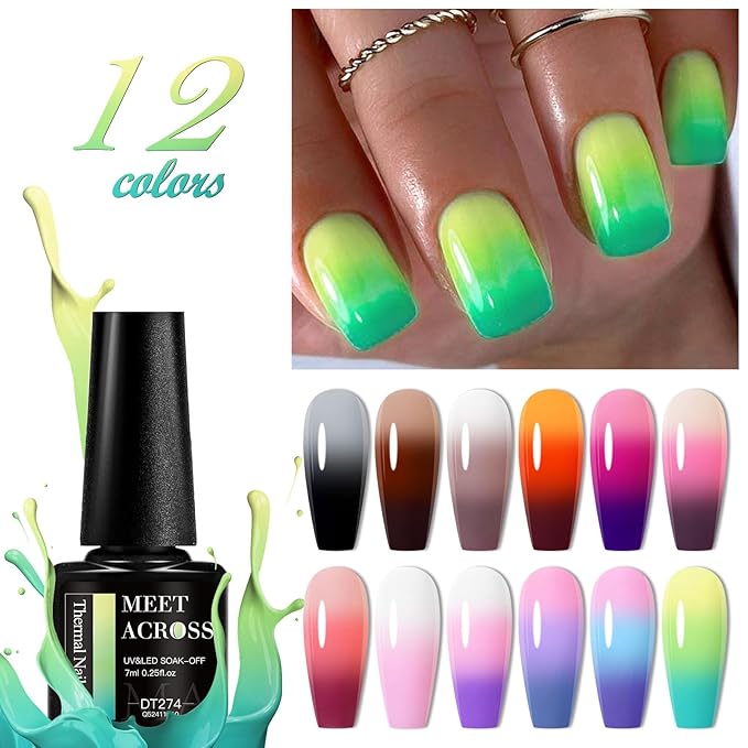 MEET ACROSS 12Pcs Color Changing Gel Nail Polish Set Nude Pink Purple Brown Temperature Mood Changed Nail Polish Gel DIY Salon Gift for Women