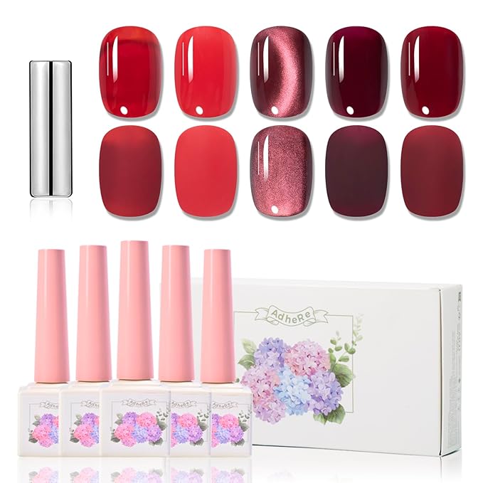 ADHERE Red Gel Nail Polish Set 12ML- 5 Colors Popular Gel Polish Cat Eye Magnetic Gel Burgundy Red Christmas Nail Gel Polish Soak Off LED Kit Manicure Salon DIY Nails Gift For Women ﻿